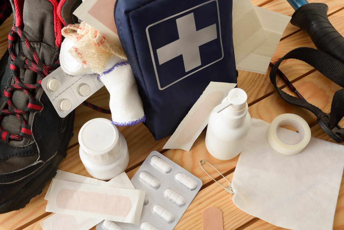 contents of a first aid kit spread out on table