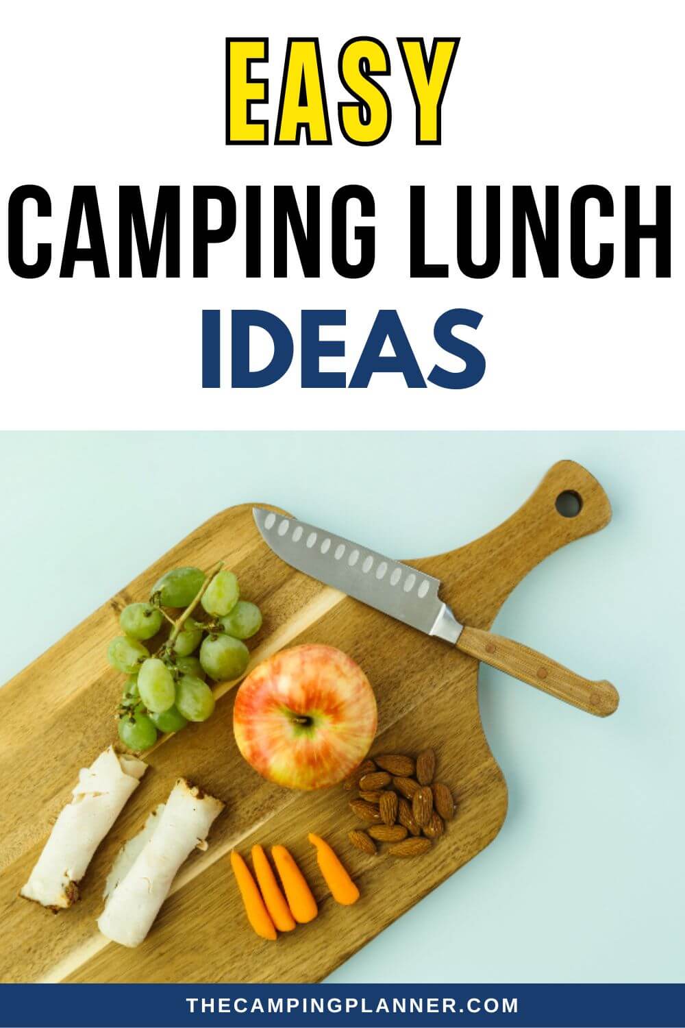 easy camping lunch ideas with a chopping board with chopped fruit and vegetables.