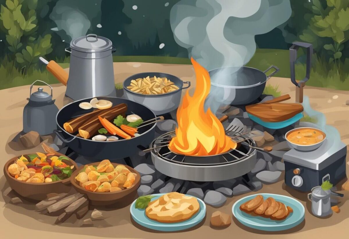 animated image of various camp cooking dishes and outdoor cooking equipment. 