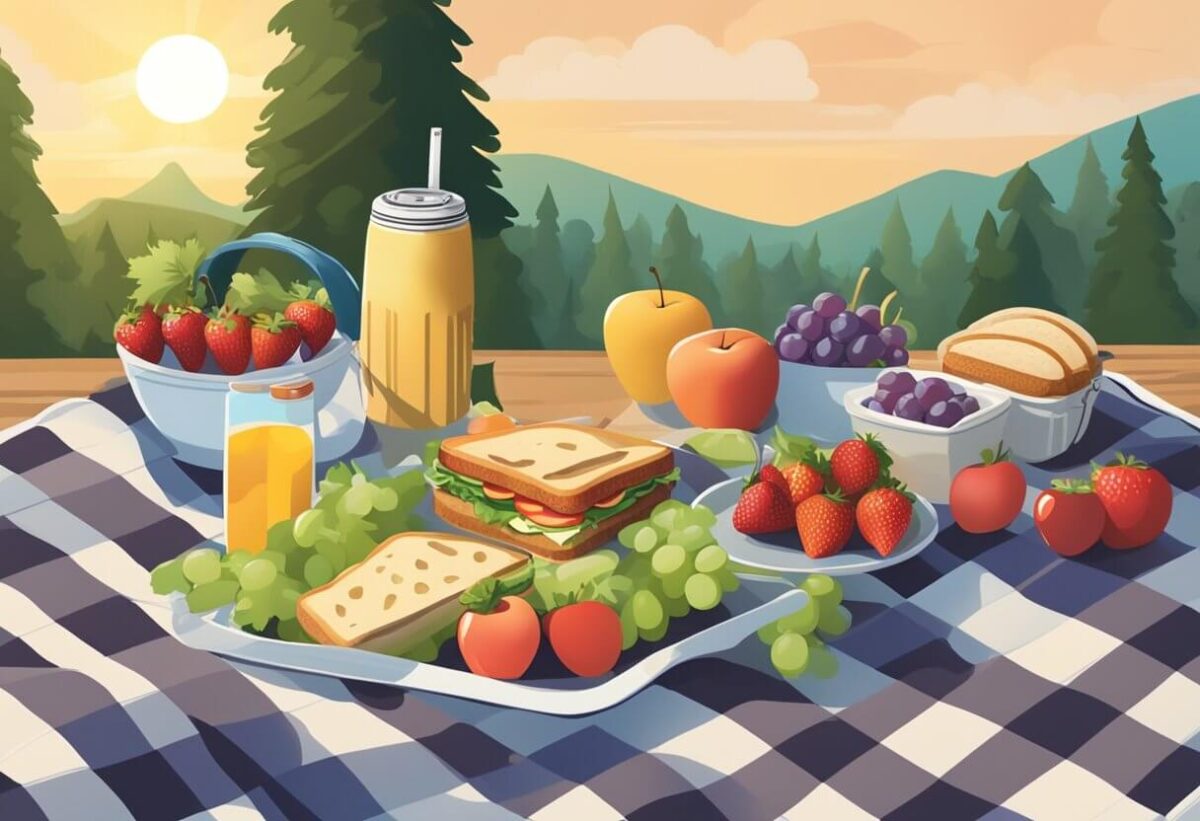 an animated image of a picnic blanket with sandwiches, fruit and drinks.