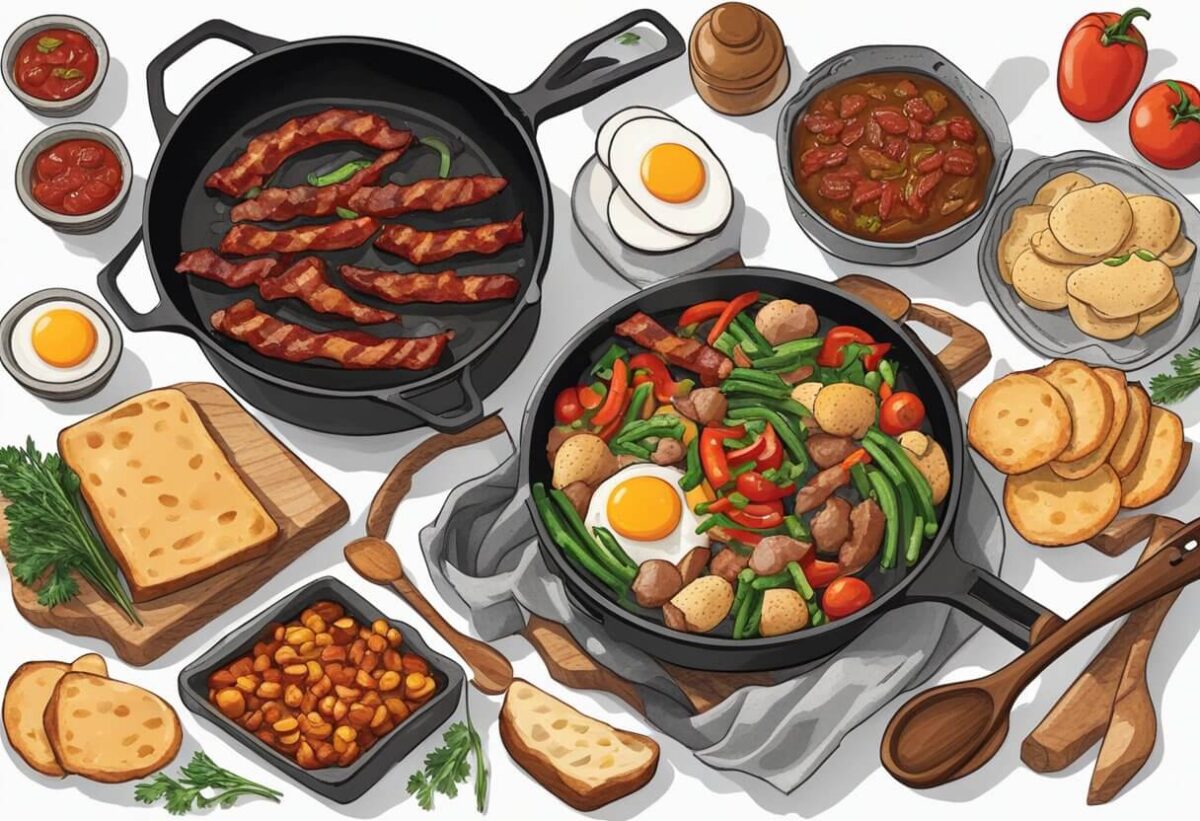 an animated image of two skillets cooking different hot meals surrounded in beans, bread and cooking utensils.