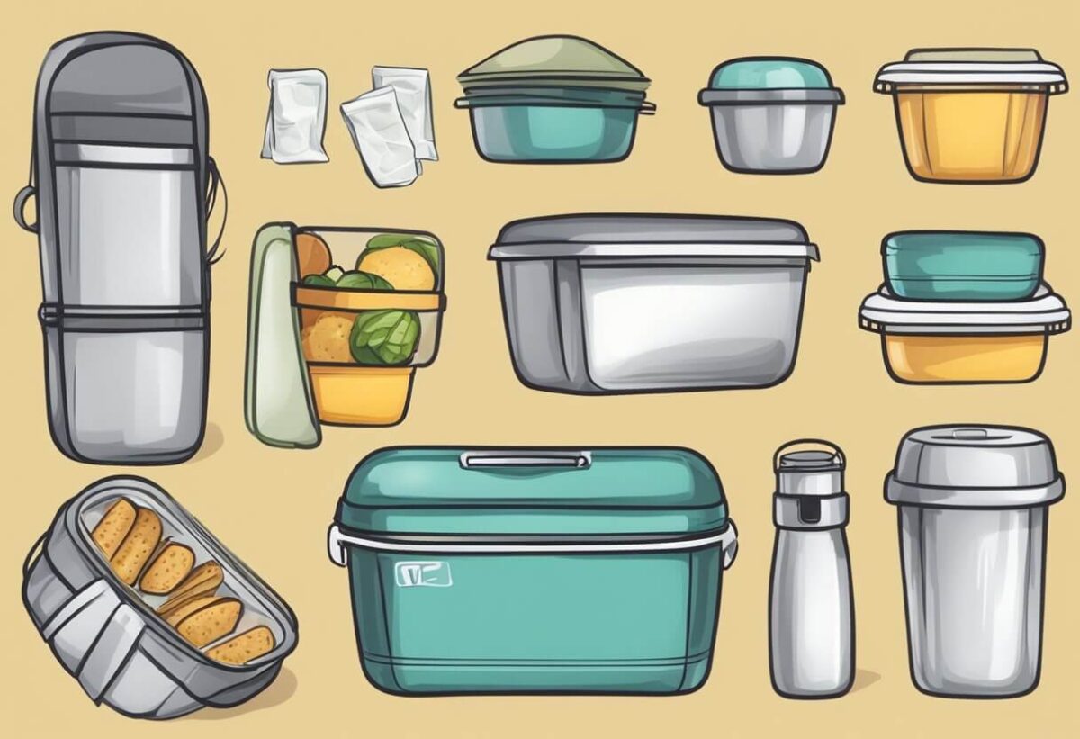 a cartoon style image of different camping storage containers and coolers.