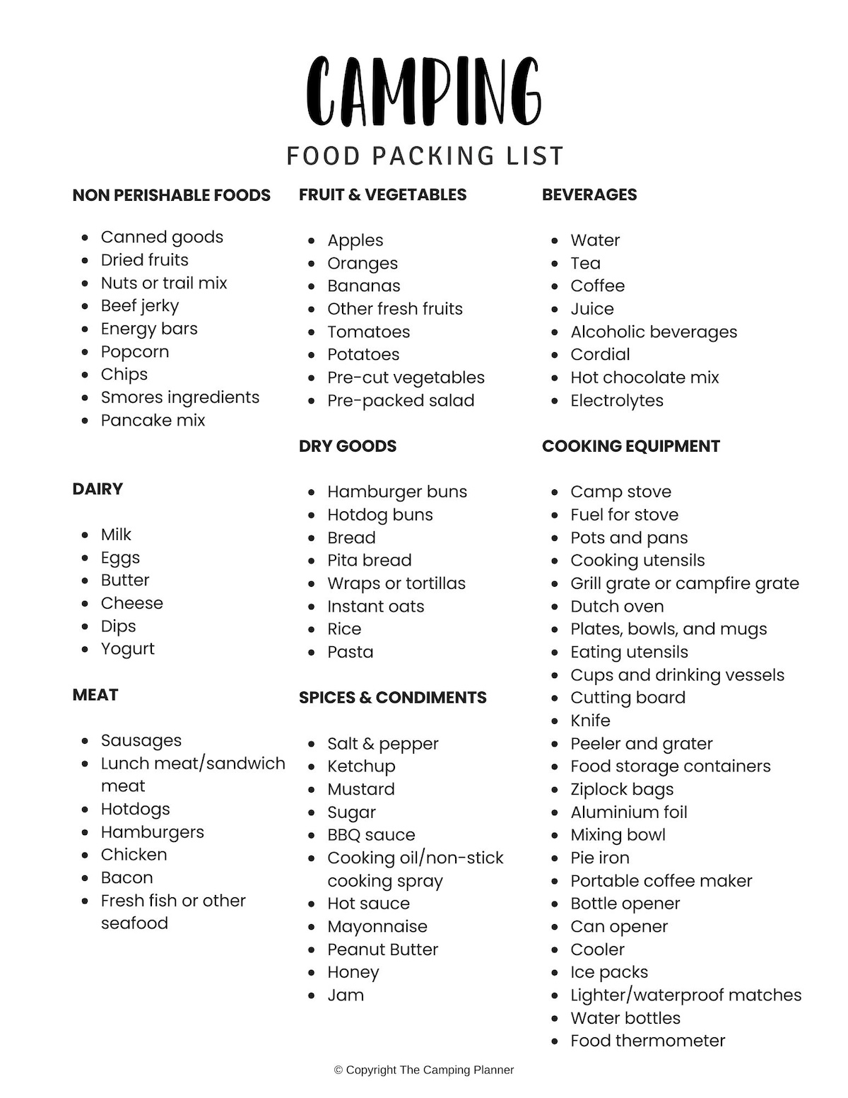 camping food packing list printable.