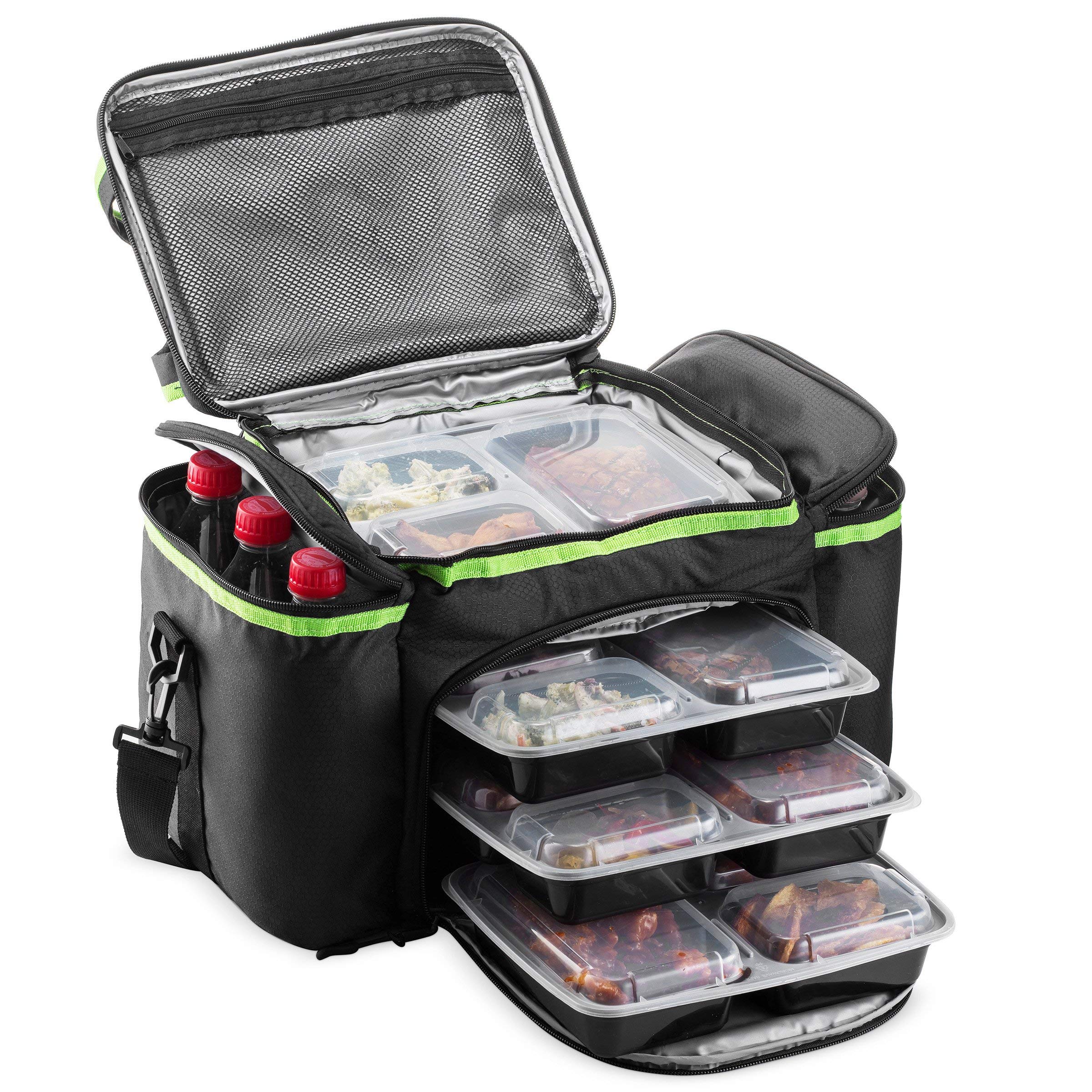 Cooler Lunch Bag Box Insulated by Outdoorwares Large Capacity Durable, to Keep Foods and Drinks in The Right Temperature - Good for Travel, Picnic, Beach Hiking, Camping ETC.(Containers Not Included) BLACK GREEN