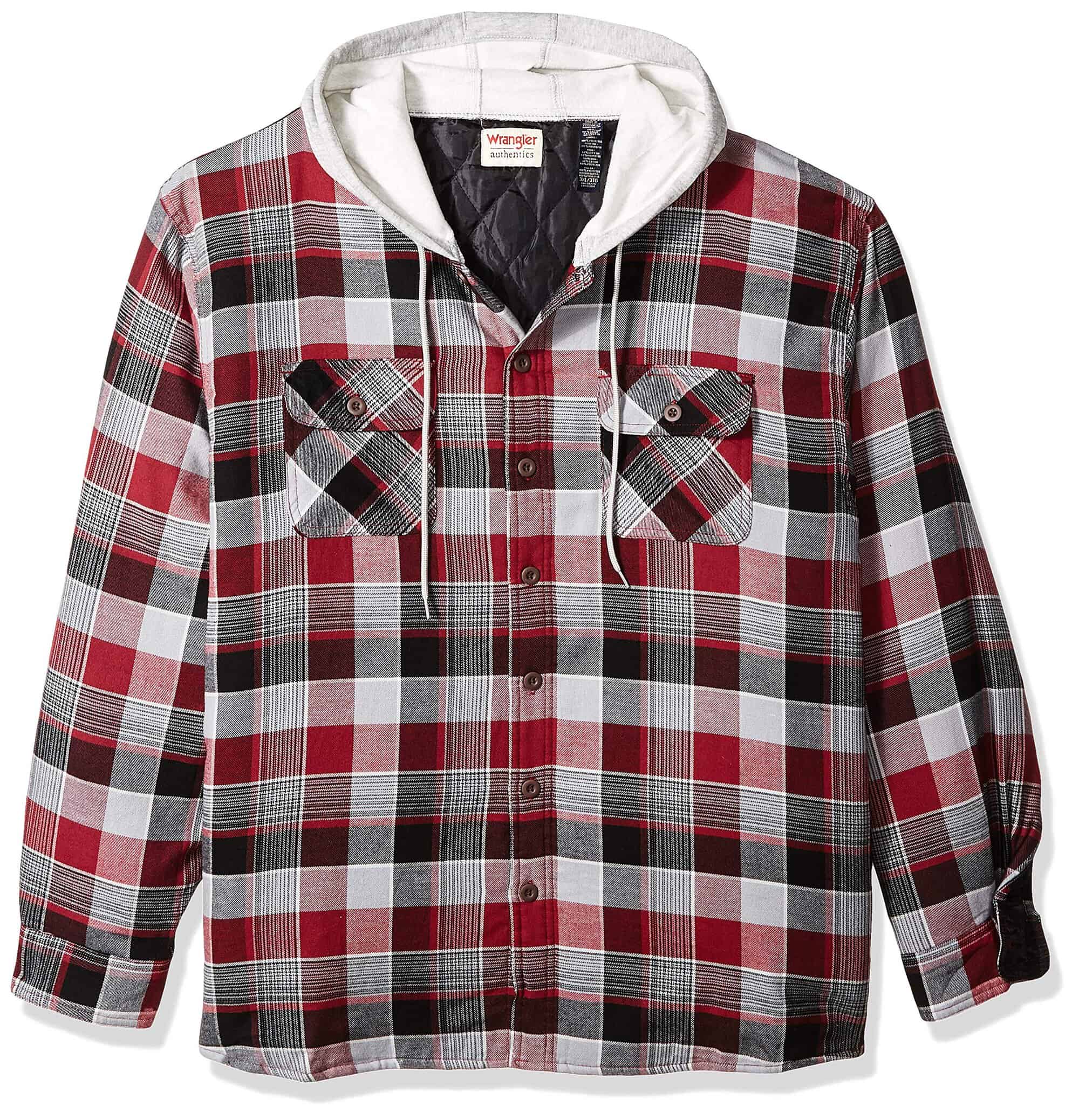 Wrangler Authentics Men's Long Sleeve Quilted Lined Flannel Shirt Jacket with Hood X-Large Biking Red.