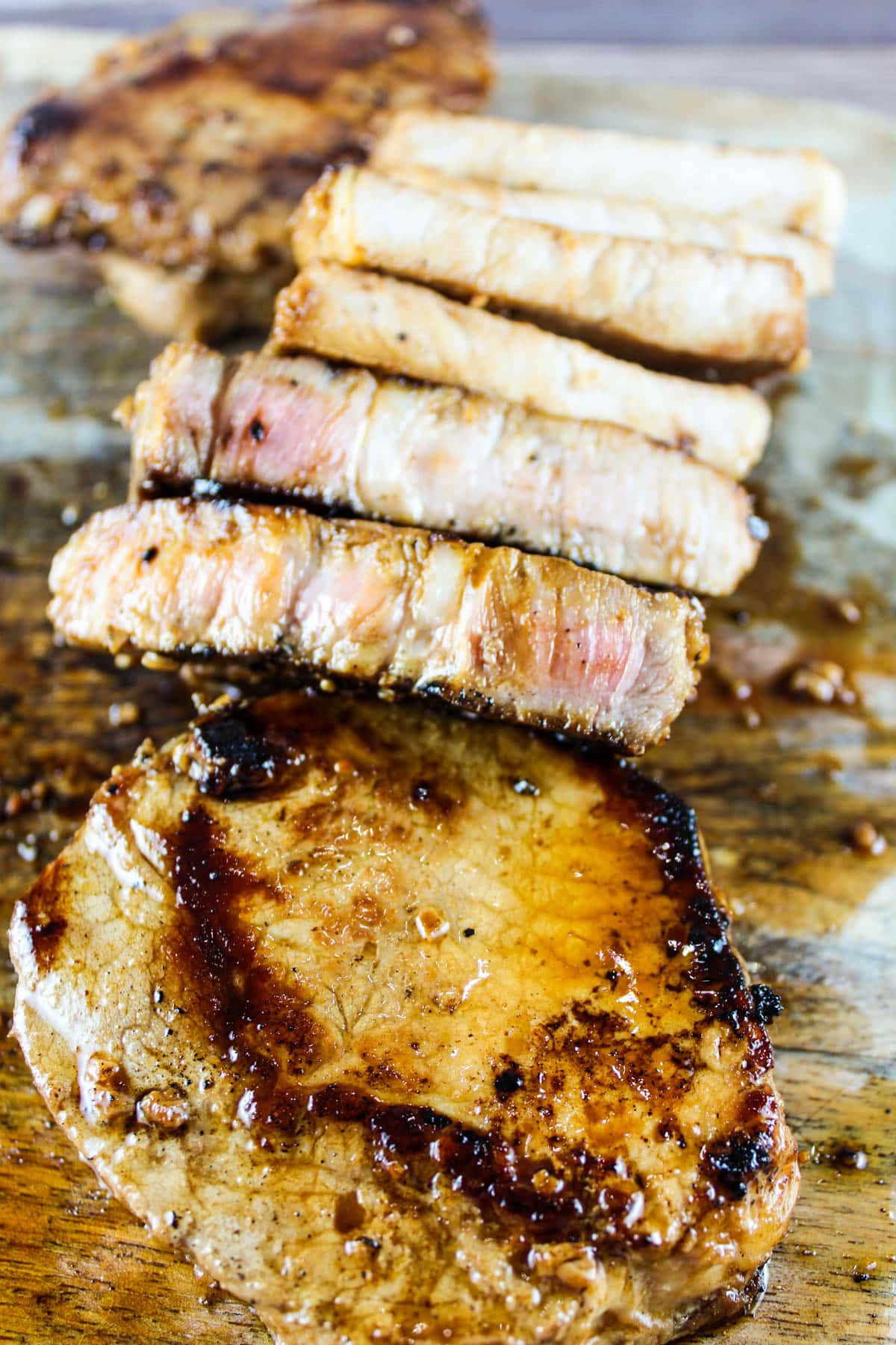 close up of griddle pork chops.
