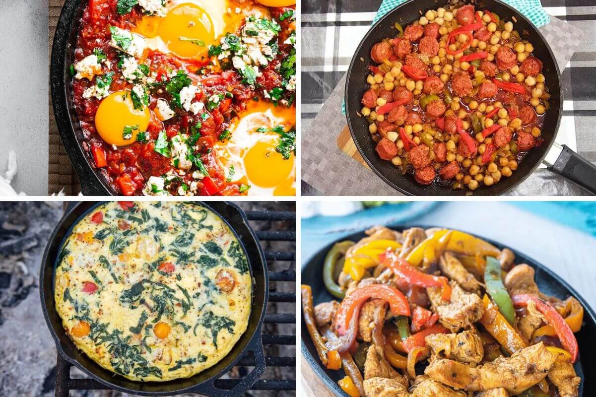 collage of four skillet meals for camping.