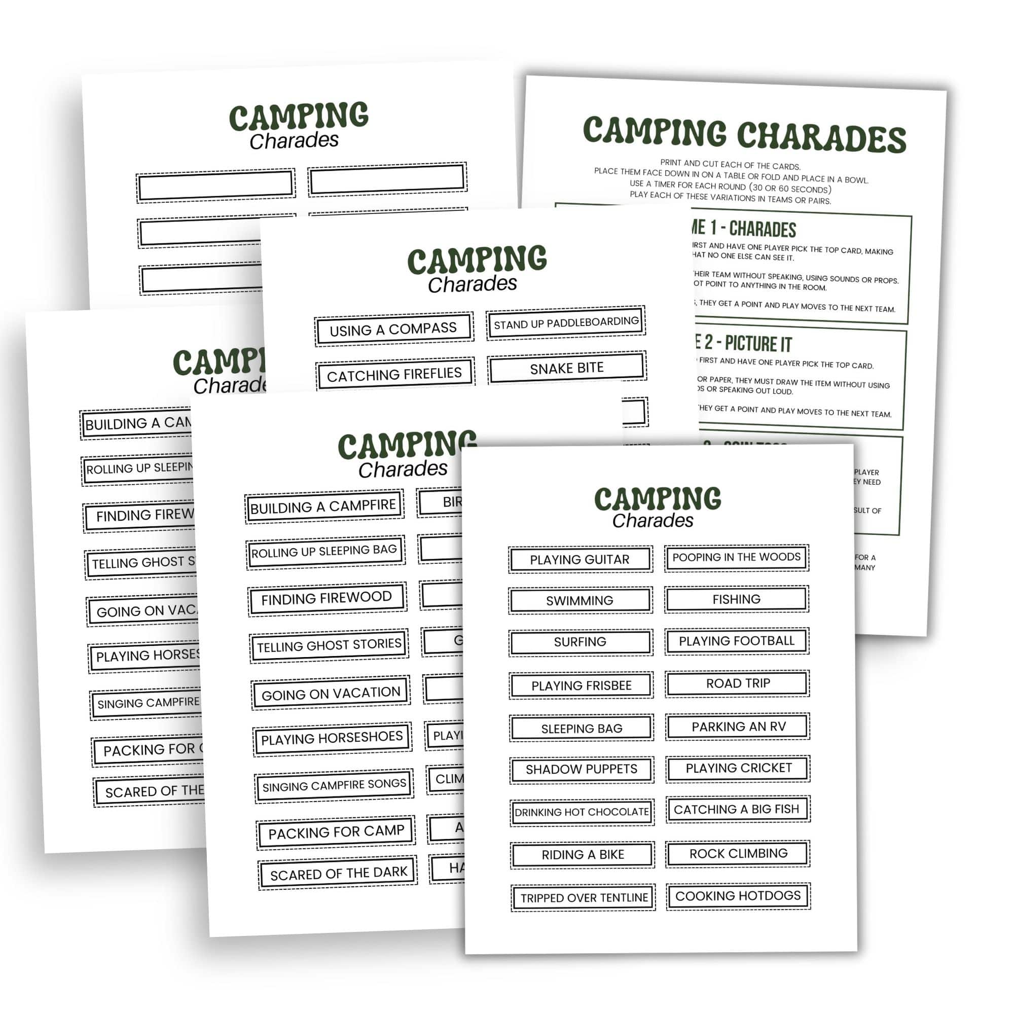 printable camping charades game.