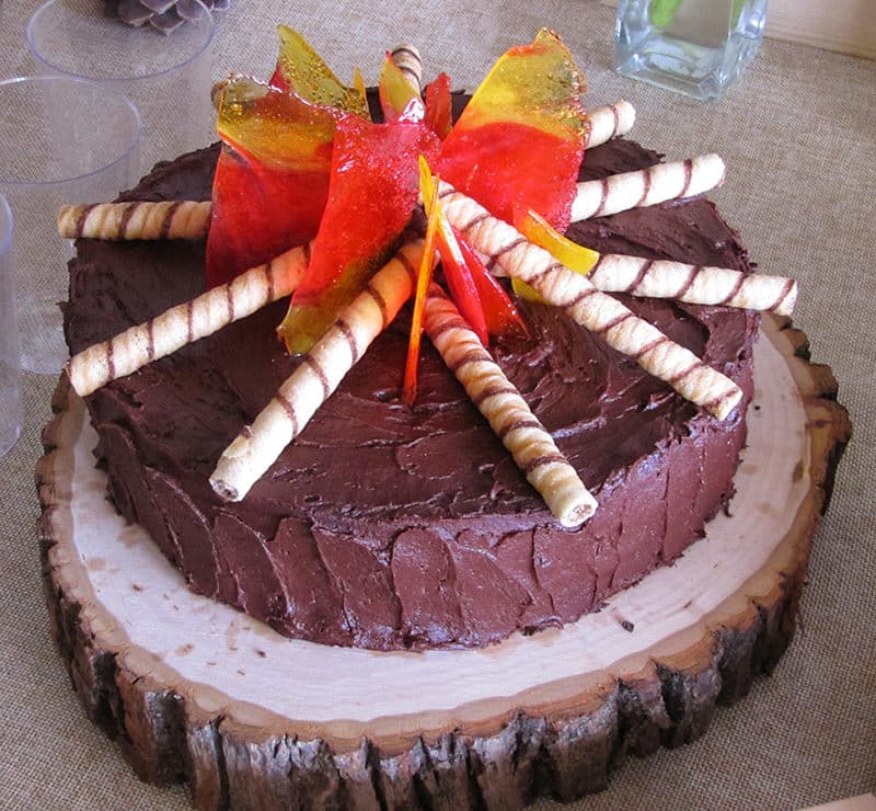 chocolate campfire cake with wafer sticks and decorations on a wood slice serving board.