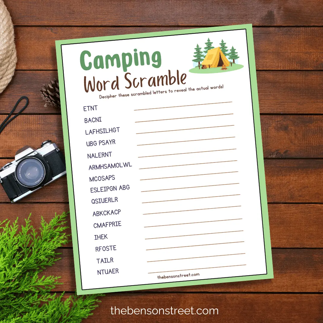 free printable camping word scramble game.