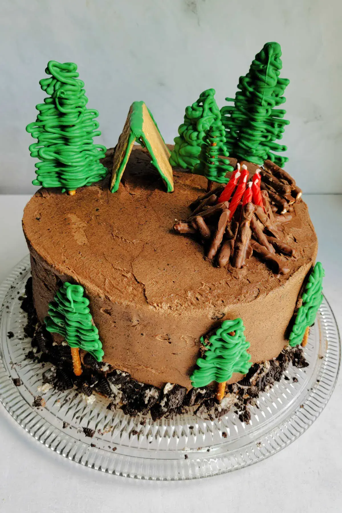 chocolate camping cake with chocolate trees and a candle campfire and tent.