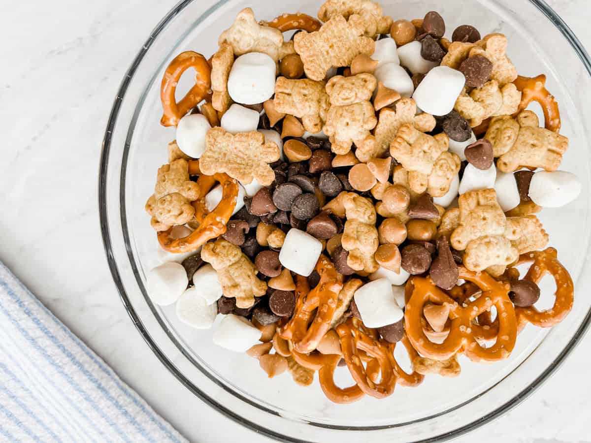 S’mores Trail Mix with chocolate chips, tiny teddies and marshmallows.