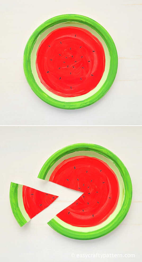 paper plate watermelon craft with one slice cut out.