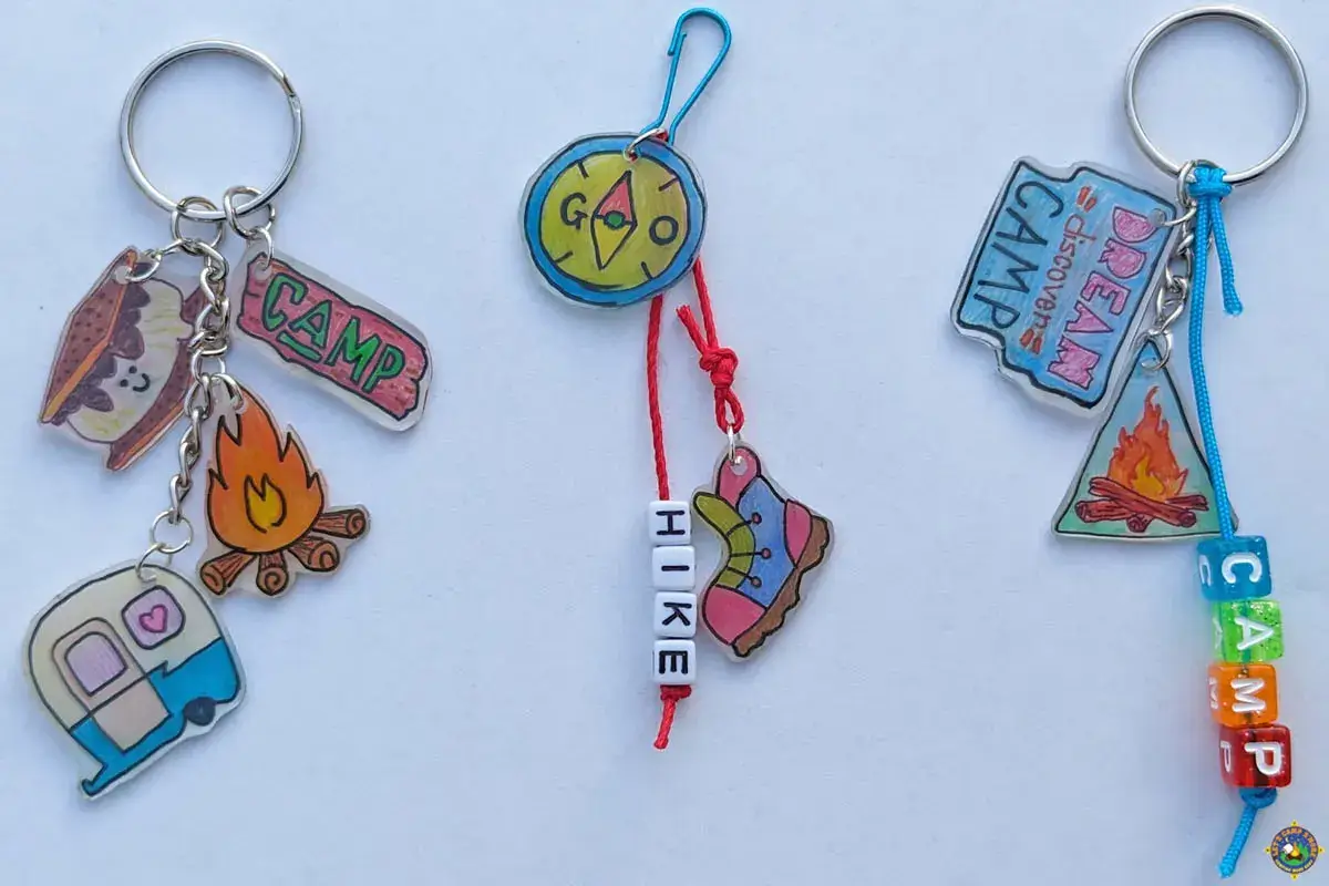 camping themed shrinky dinks made into keychains.