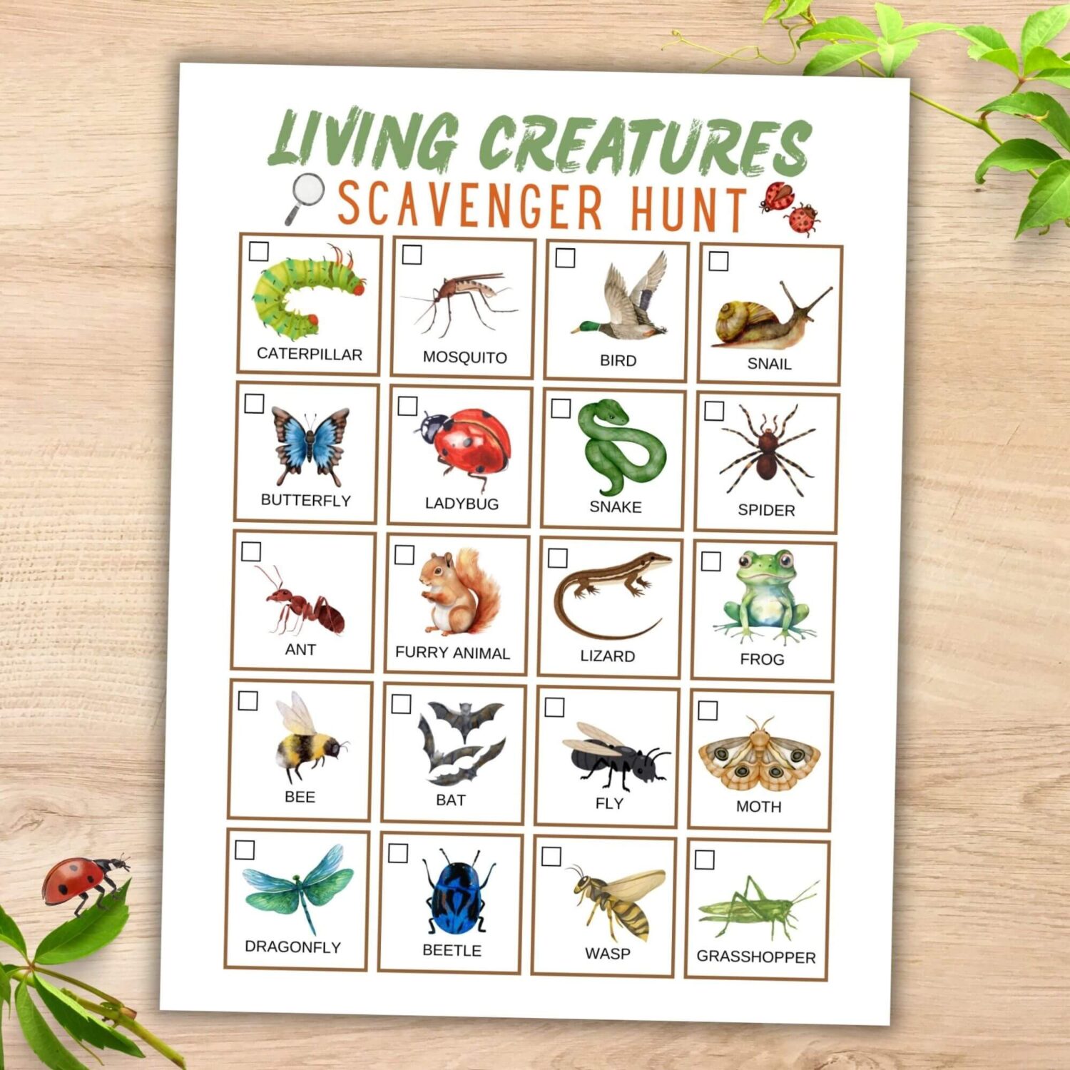 printable living creature scavenger hunt with bugs and animals.