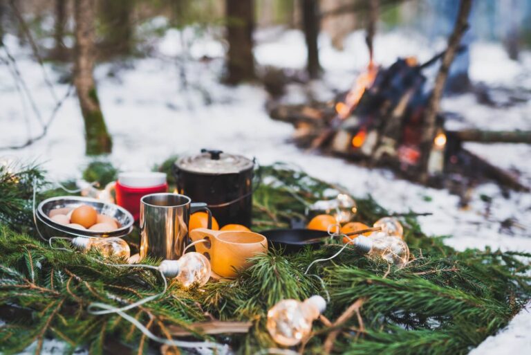 meal prep during a winter camping trip.