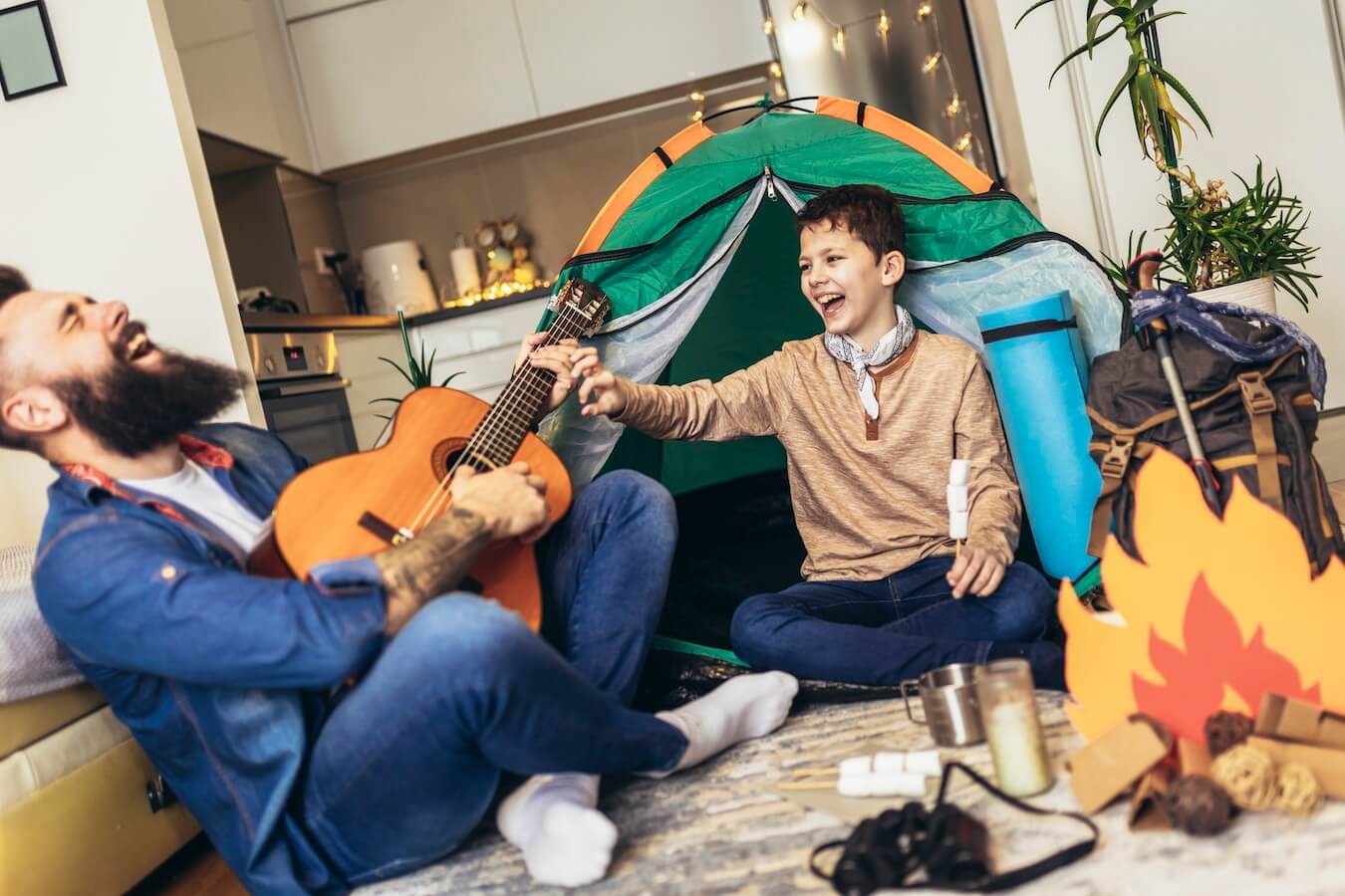 indoor camping with tent in lounge room.